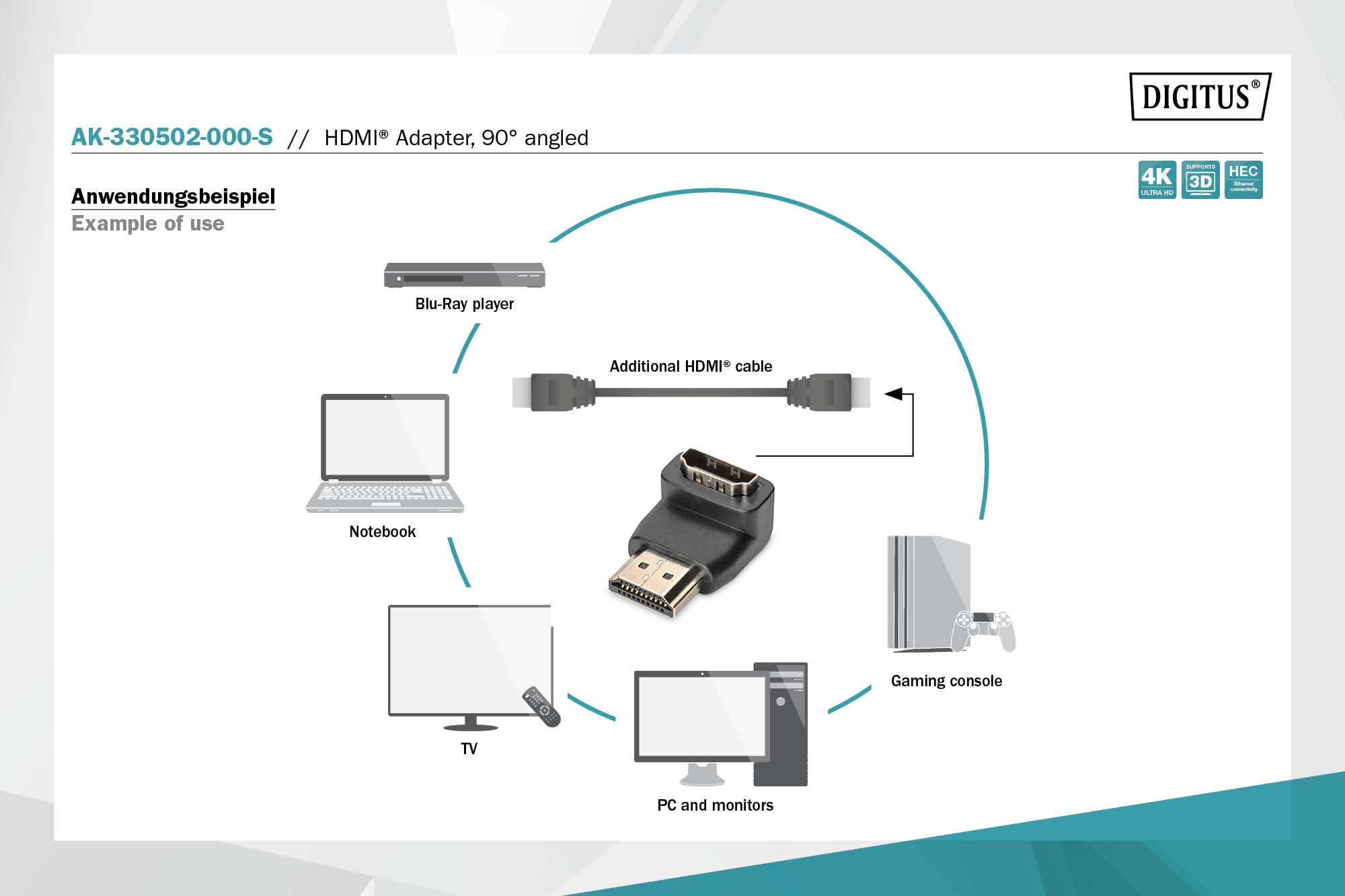 AK-330502-000-S  Adaptador HDMI Hembra a HDMI Macho Codo 270°  Vertical, 4K/60Hz Digitus