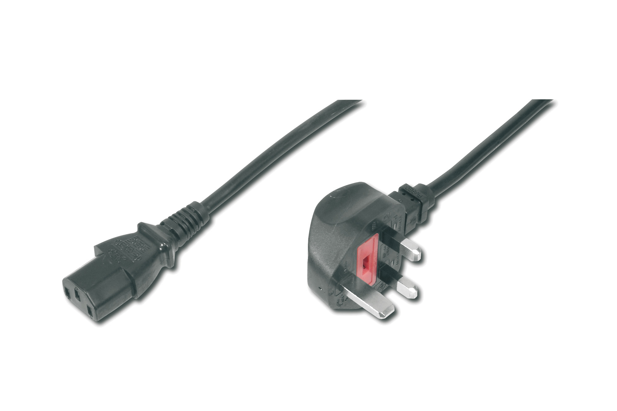 AK-440107-018-S  Cable de conexi&oacute;n a la red el&eacute;ctrica, enchufe UK, acodado 90&oslash; - C13 St/Bu, 1,8m, H05VV-F3G 0,75qmm, fusible 5A, negro