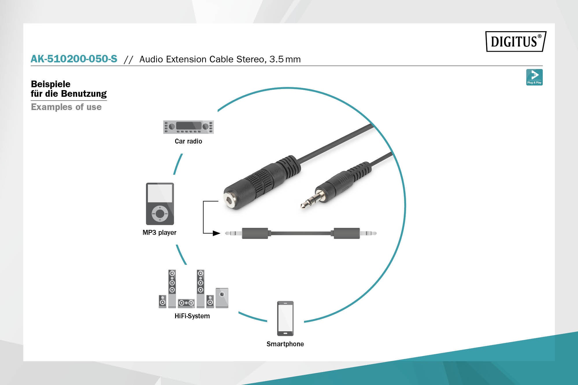 AK-510200-050-S  Cable de  5,00 metros Audio Stereo MiniJack 3.5 Macho/Hembra Digitus Retail Polybag **Ultimas Unidades ****