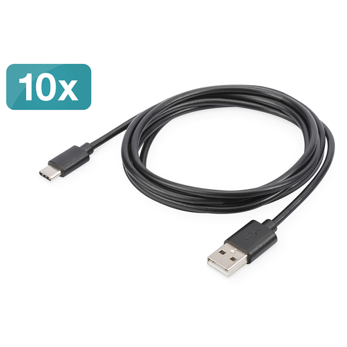 AK-990960-018-S  Cable de  1,80m USB 2.0 480Mbps  PD15W USB C Macho a USB-A Macho Negro Digitus Kit de 10 unidades