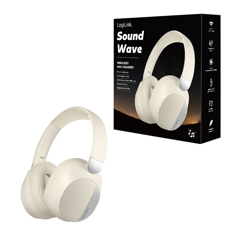 BT0071C  Auriculares para juegos BT 6.0, entrada auxiliar de 3,5 mm, ANC, 15 horas de duración de batería, color crema/plateado logilink