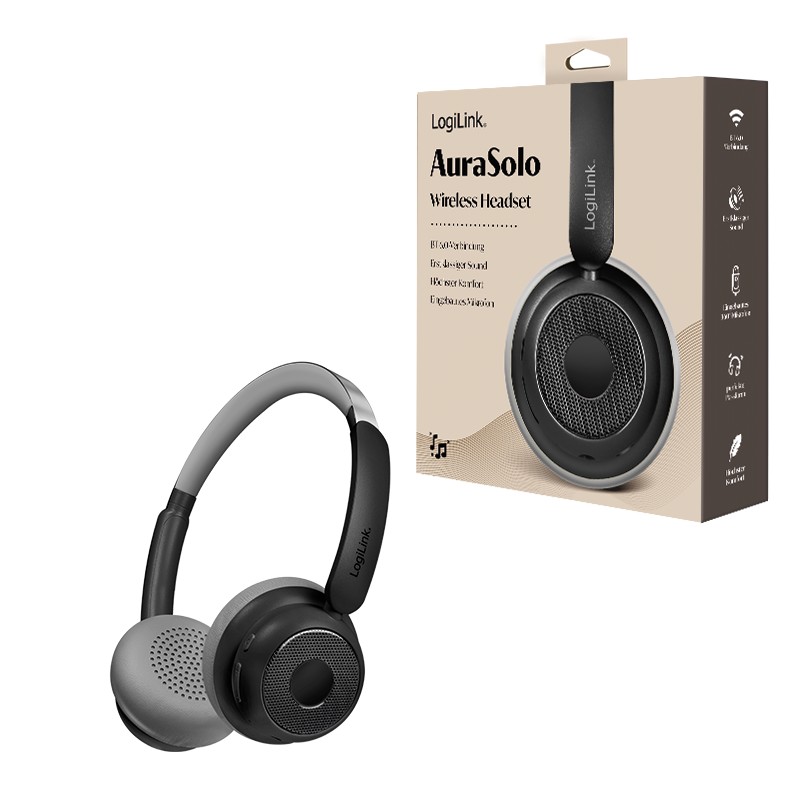 BT0072  Auriculares BT 6.0 AuraSolo, AUX de 3,5 mm, control multifunción, 20 horas de duración de batería, nEGRO Logilink