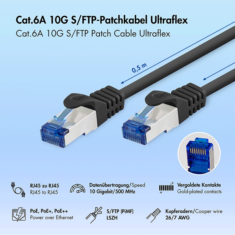 C6A023S  Latiguillo CAT 6A, S/FTP,  0.50 m, Amarillo, LSZH Ultraflex Logilink  Conectores RJ45 blindados Cat.6A con cable S/FTP Cat.7