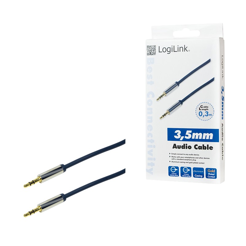CA10050  Cable de  0,50 metros Audio Stereo MiniJack 3.5 Macho/Macho Azul Conector Aluminio Logilink Caja Retail carton