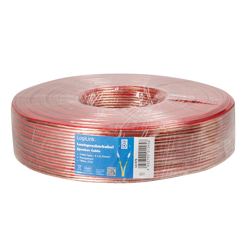 CA1075  Bobina de  10 metros cable Altavoz Transparente 2x0,75mm CCA-PVC  Logilink