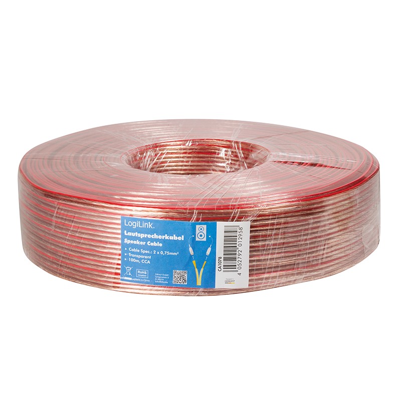 CA1078  Bobina de 100 metros cable Altavoz Transparente 2x0,75mm CCA-PVC  Logilink