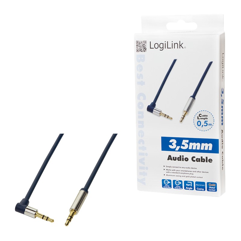 CA11050  Cable de  0,50 metros Audio Stereo MiniJack 3.5 Macho/Macho  90º Azul Conector Aluminio Logilink Caja Retail carton