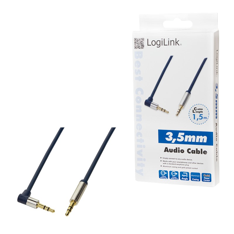 CA11150  Cable de  1,50 metros Audio Stereo MiniJack 3.5 Macho/Macho  90º Azul Conector Aluminio Logilink Caja Retail carton