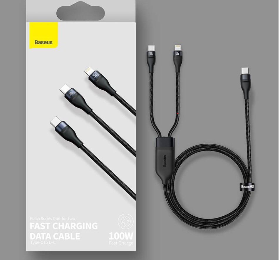 CA1T2-F06  Cable de carga 2 en 1, USB C - Lightning+USB-C 100W 1.2metro