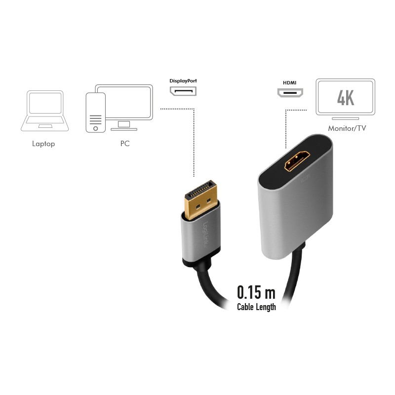 CDA0108  Adaptador Displayport 1.2 Macho a HDMI 2.0 Hembra 4k/60Hz Aluminio 15Cm Logilink