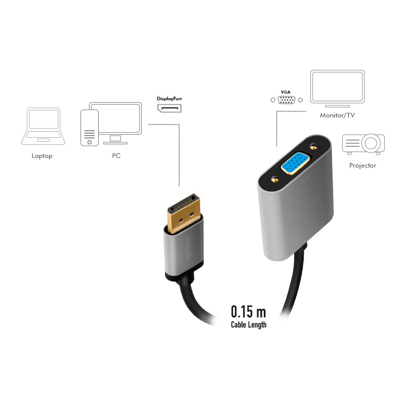 CDA0109  Adaptador Displayport 1.1 Macho a VGA Hembra 15cm Aluminio Logilink
