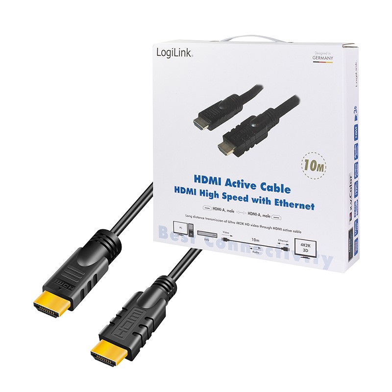 CHA0010  Cable HDMI A-A 10 metros Negro 4K 30Hz Activo Amplificado Logilink Caja retail Carton