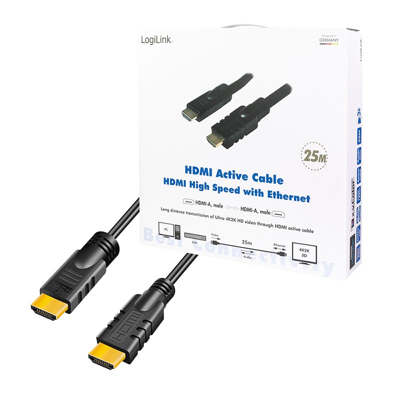 CHA0025  Cable HDMI A-A 25 metros Negro 4K 30Hz Activo Amplificado Logilink Caja retail Carton