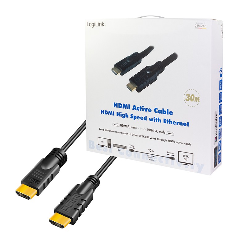 CHA0030  Cable HDMI A-A 30 metros Negro 4K 30Hz Activo Amplificado Logilink Caja retail Carton