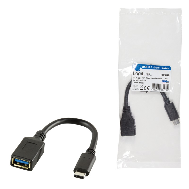 CU0098  Adaptador USB-C Macho a USB-A Hembra 15W  5Gb/s OTG Cable de 0.15m Negro Logilink