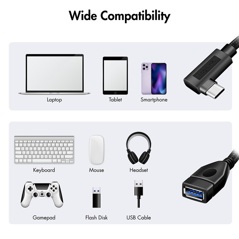 CU0100  Adaptador USB-C Macho 90º Acodado a USB-A Hembra 15W  10Gb/s OTG Cable de 0.20m Negro Logilink Bulk