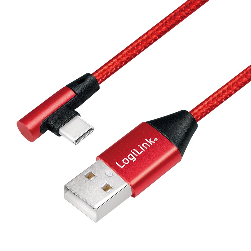 CU0145  Cable de  0,30m USB 2.0 480 Mbps PD15W USB C Macho 90º a USB-A Macho Rojo Nylon Logilink