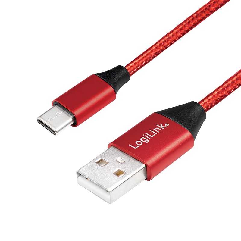 CU0147  Cable de  0,30m USB 2.0 480 Mbps PD15W USB C Macho a USB-A Macho Rojo Nylon Logilink