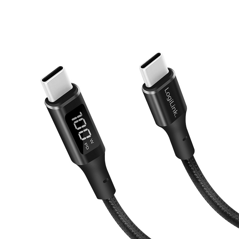 CU0181  Cable de  1,00m USB-PD 3.0 0,48 Gbit/s PD100W USB-C Macho a USB-C Macho Negro E-mark Con pantalla de visualizacion de carga