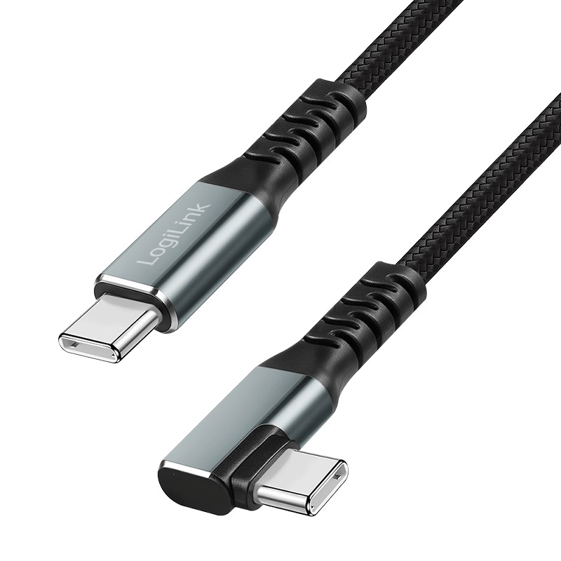 CU0270  Cable de  0,50m USB 3.2 Gen2 10 Gbit/s PD100W USB-C Macho USB-C Macho 90&ordm; Nylon conector metal negro E-mark Logilink