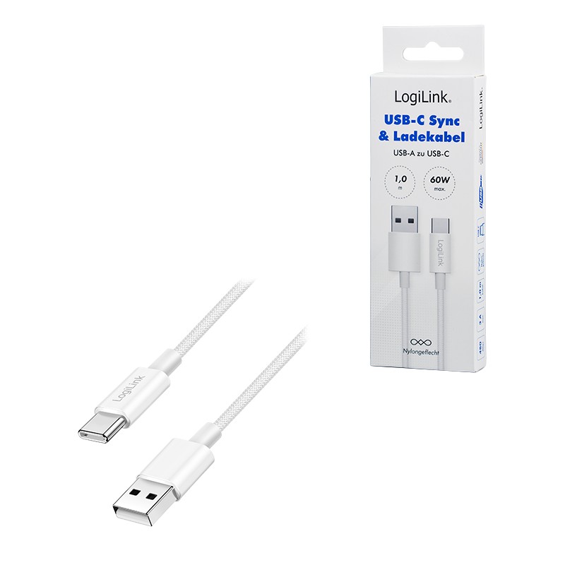 CU0321  Cable de  1,00m USB 2.0 0.48 Gbit/s  PD60W USB C Macho a USB-A Macho Blanco NYLON Logilink Retail