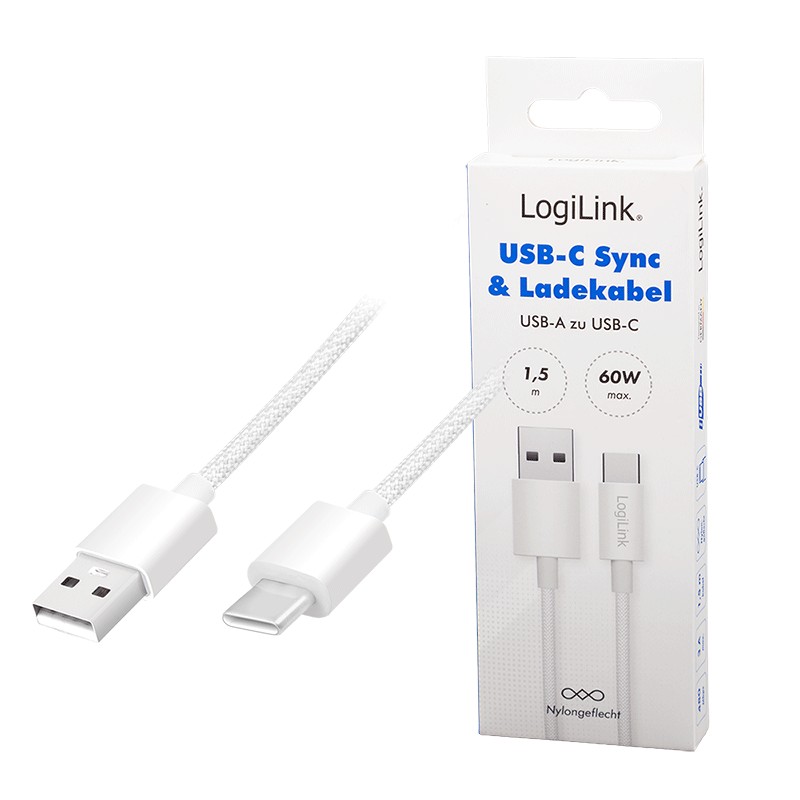 CU0322  Cable de  1,50m USB 2.0 0.48 Gbit/s  PD60W USB C Macho a USB-A Macho Blanco NYLON Logilink Retail