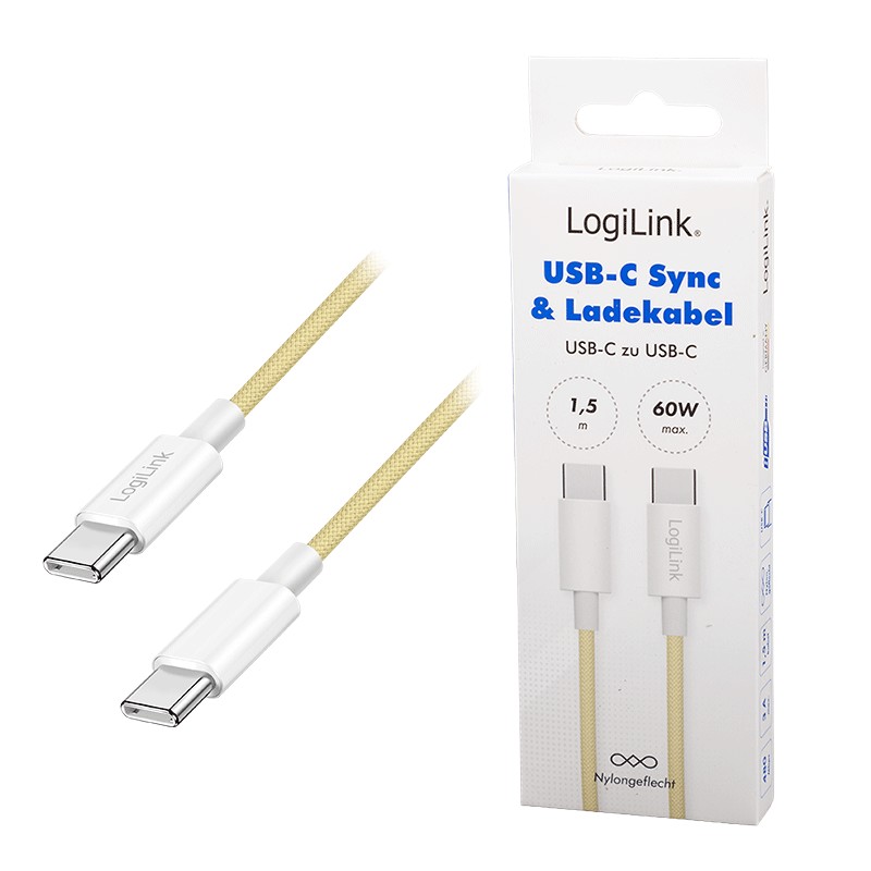 CU0354  Cable de  1,50m USB 2.0 480Mbps PD60W USB-C Macho a USB-C Macho, nylon, Amarillo