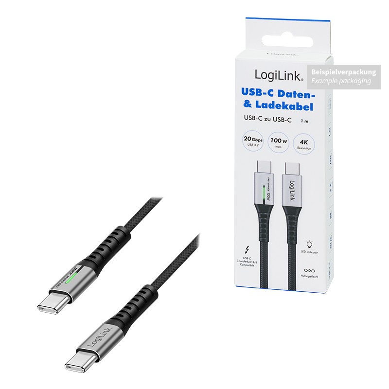 CU0434  Cable de  2,00m USB-PD 3.2 Gen2x2 20 Gbit/s PD100W USB-C Macho a USB-C Macho Negro E-mark  4K/60 Hz (Thunderbolt 3/4 compatible)