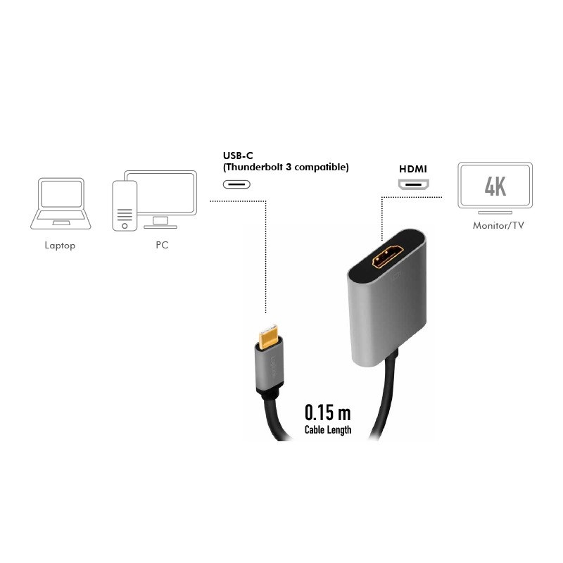 CUA0103  Adaptador USB C Macho a HDMI Hembra   0.15m 4K/60Hz Aluminio Logilink