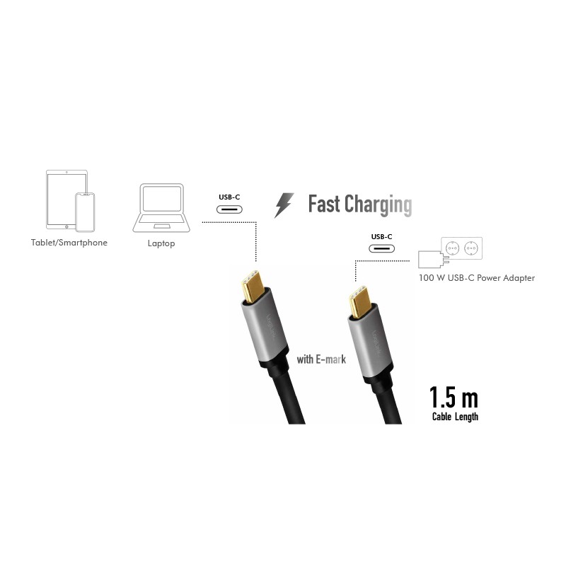 CUA0106  Cable de  1,50m USB-PD 2.0 0,48 Gbit/s PD100W USB-C Macho a USB-C Macho Negro E-mark carga y datos