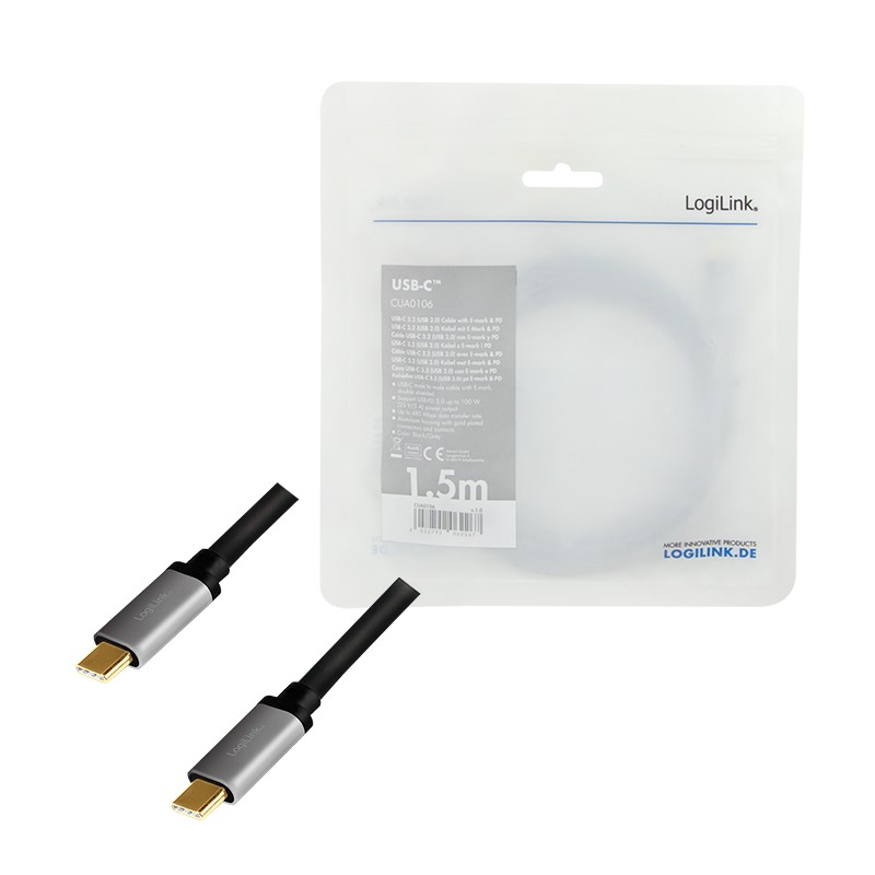 CUA0106  Cable de  1,50m USB 2.0 480Mbps PD100W USB-C Macho a USB-C Macho, E-mark, Negro  **Ultimas unidades****