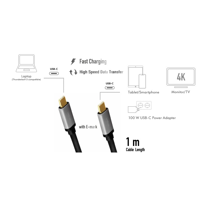 CUA0107  Cable de  1,00m USB-PD 3.2 Gen2 10 Gbit/s PD100W USB-C Macho a USB-C Macho Negro E-mark  4K/60 Hz **Ultimas Unidades****