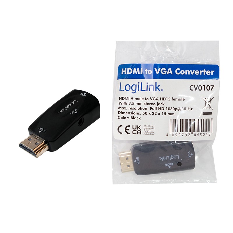 CV0107  Convertidor de HDMI Macho a VGA Hembra más audio 3.5 Hembra Negro 1080p Logilink