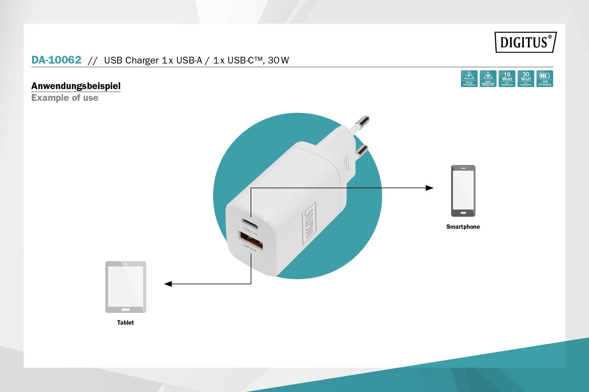 DA-10062  Cargador  30W USB 2 puert. USB-C X 1, USB-A X 1 FQ Blanco  Digitus