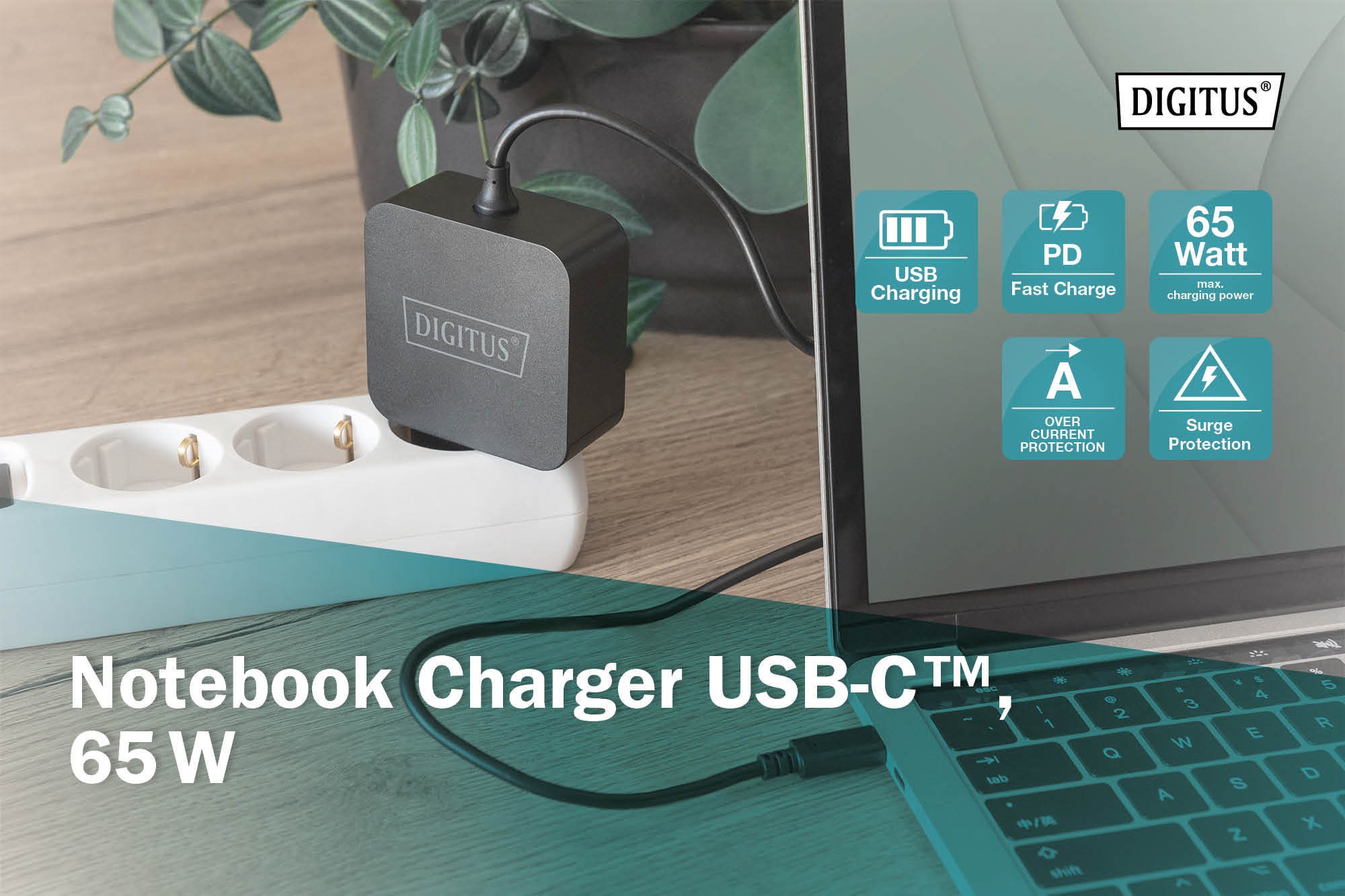 DA-10071  Cargador Portatil   65W  1 puerto USB-C PD3.0 con cable de 1,20 metros Negro Digitus