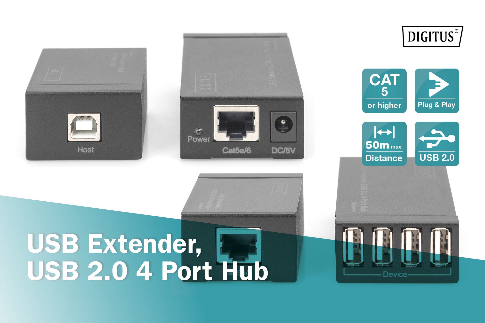 DA-70143  4-Port USB 2.0 Cat 5 Extender (up to 50m) Digitus