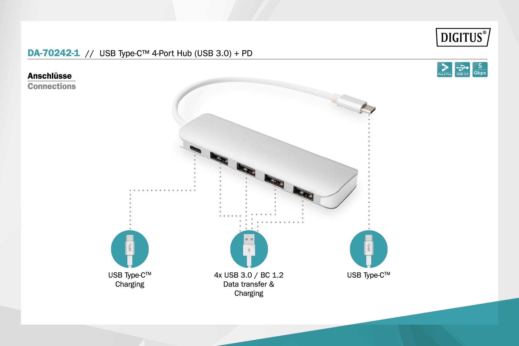 DA-70242-1  Hub USB-C 3.1 Gen 1,  4-port A + USB-C PD Carcasa de Alumino Digitus