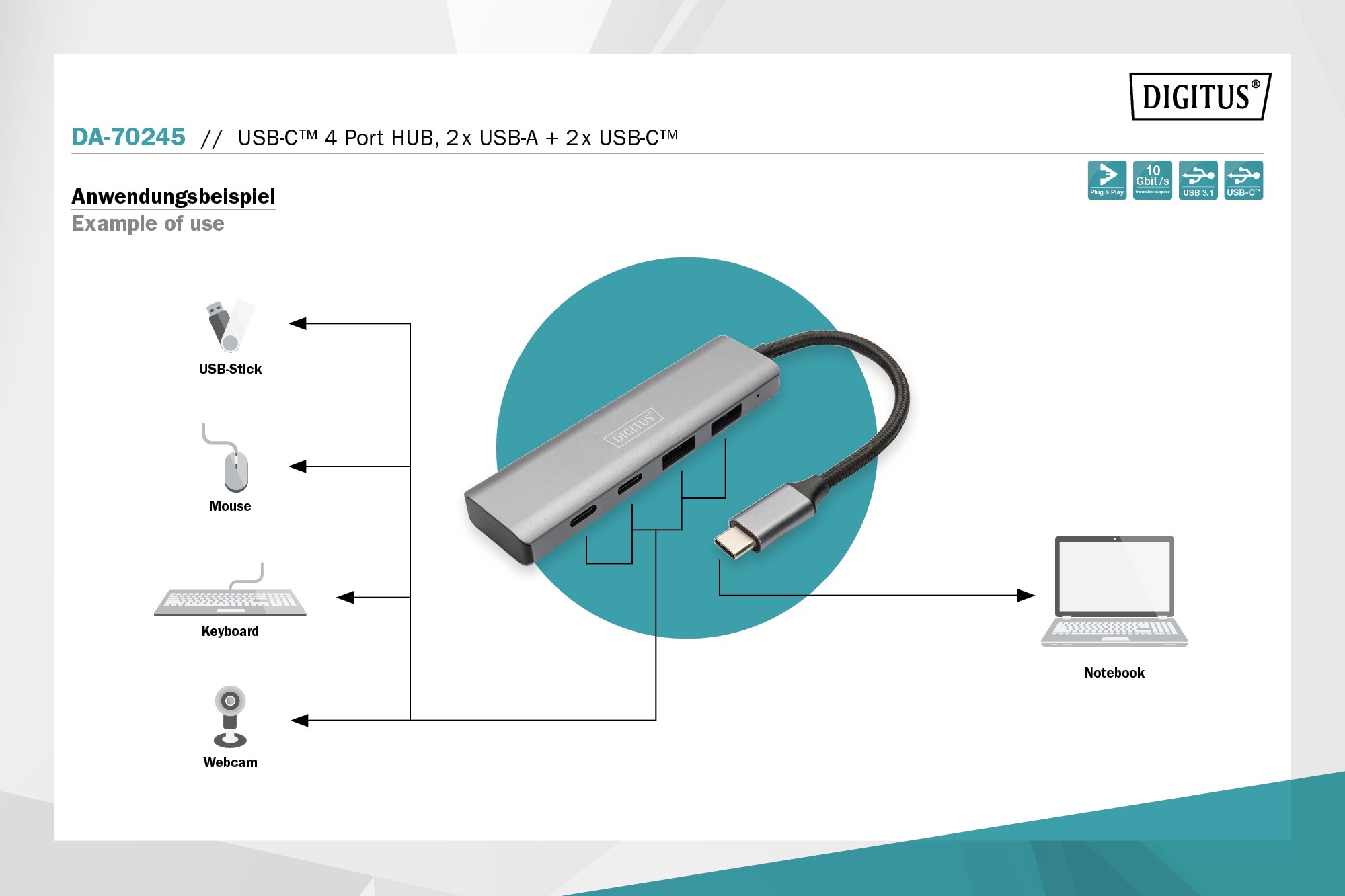 DA-70245  Hub USB-C 3.1 Gen2 con 4 puertos USB 3.1 Gen2 de hasta 10 Gbps 2 x  USB A y 2 x USB C DIGITUS