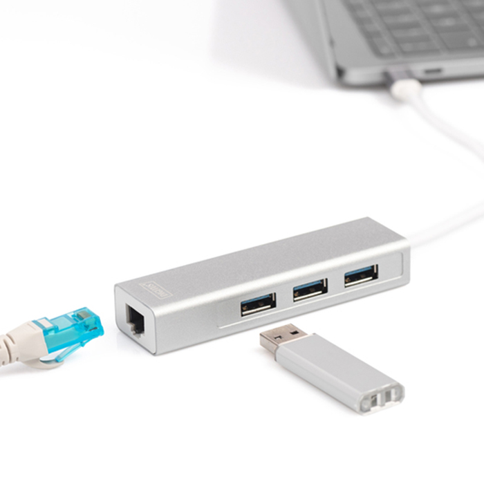 DA-70255  Adaptador de Red USB 3.0 Gigabit 1Gbit/s- RJ45 USB-C +HUB 3x USB-A 3.0 Plata Digitus