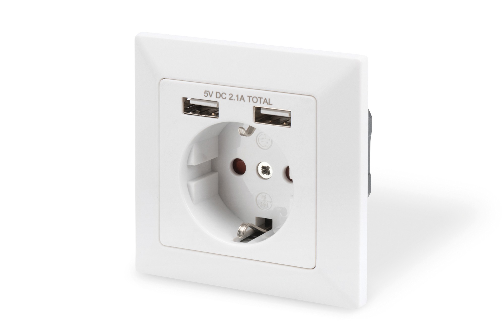 DA-70613  Toma de Pared 1 base de enchufe schuko y 2 USB 2,1A max Blanco  RAL 9003  Profundidad de instalación: 32 mm  Digitus