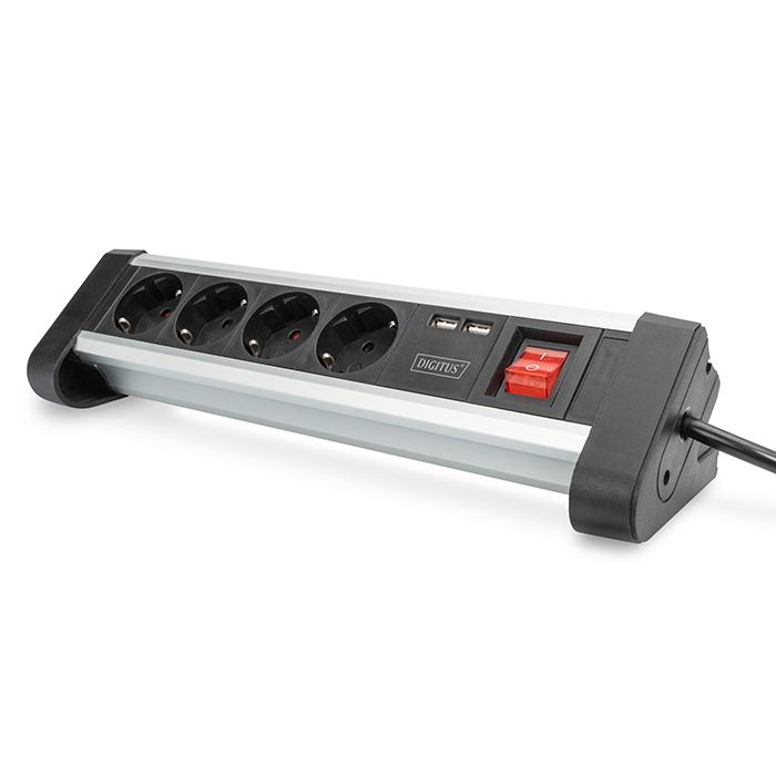 DA-70614  Regleta de  4 tomas Sobremesa + 2 USB-A + INTERRUPTOR Negro-Plata  Digitus