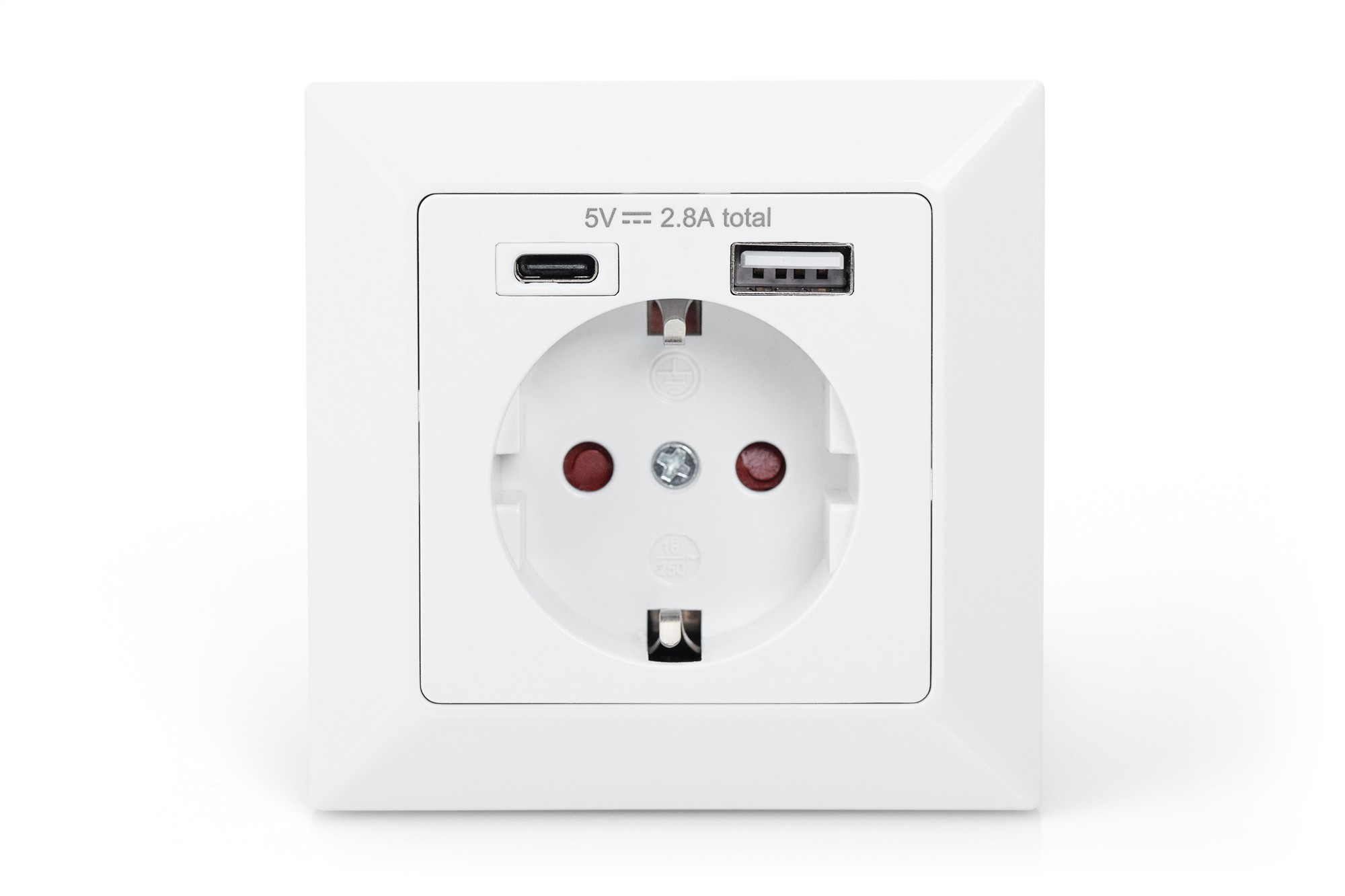 DA-70615  Toma de Pared 1 base de enchufe schuko y 1 USB-A 1 USB-C Blanco   RAL 9003  Profundidad de montaje: 32 mm  Digitus