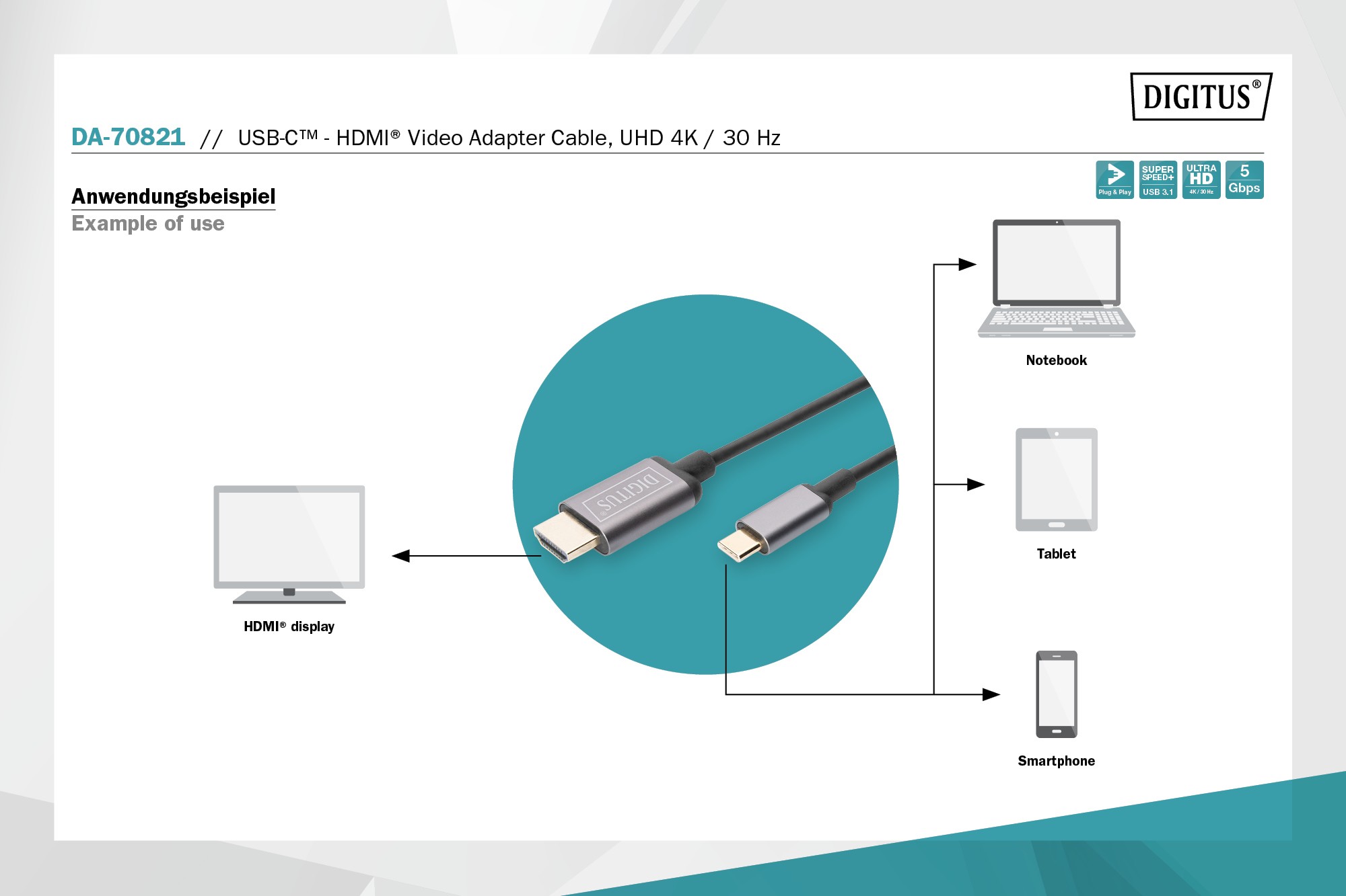 DA-70821  Cable USB C Macho a HDMI Macho  1.80m 4K/30Hz 5 Gbit/s Digitus