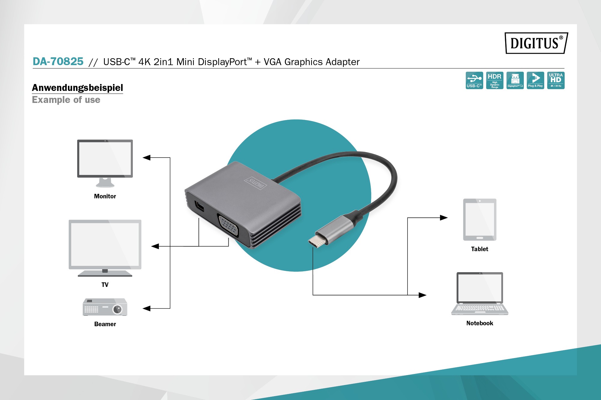 El adaptador alimenta hasta 1 dispositivo DisplayPort y 1 HDMI