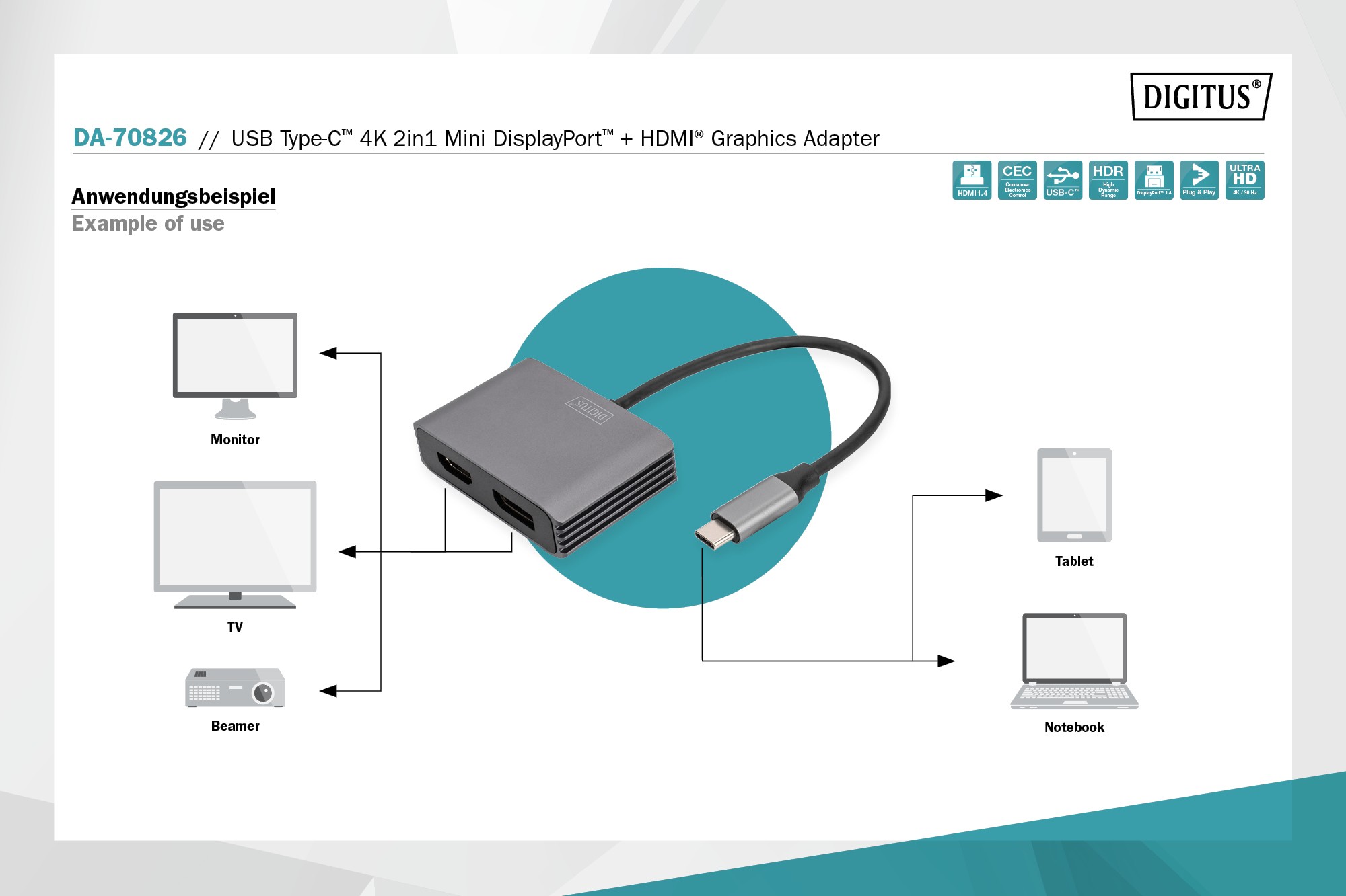 DA-70826  Adaptador USB C a DisplayPort Hembra y HDMI Hembra 0.20 metros  Digitus