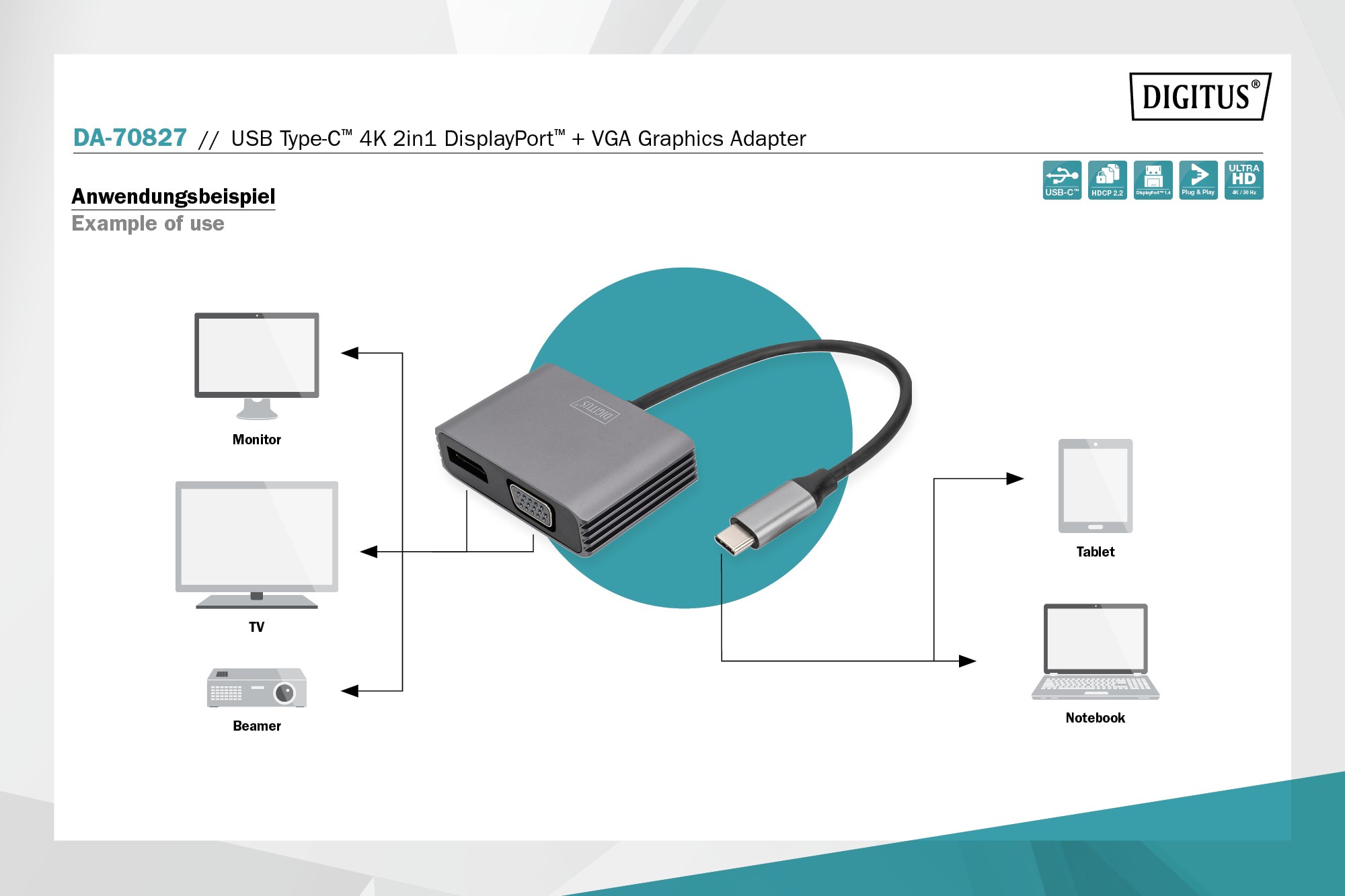 DA-70827  Adaptador USB C a DisplayPort Hembre y VGA Hembra 0.20 metros  Digitus