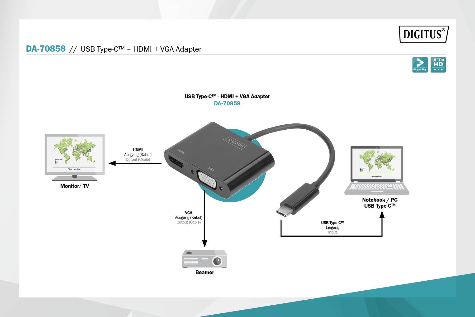 DA-70858  Adaptador USB C a HDMI Hembra y VGA Hembra 0.15 metros  Digitus