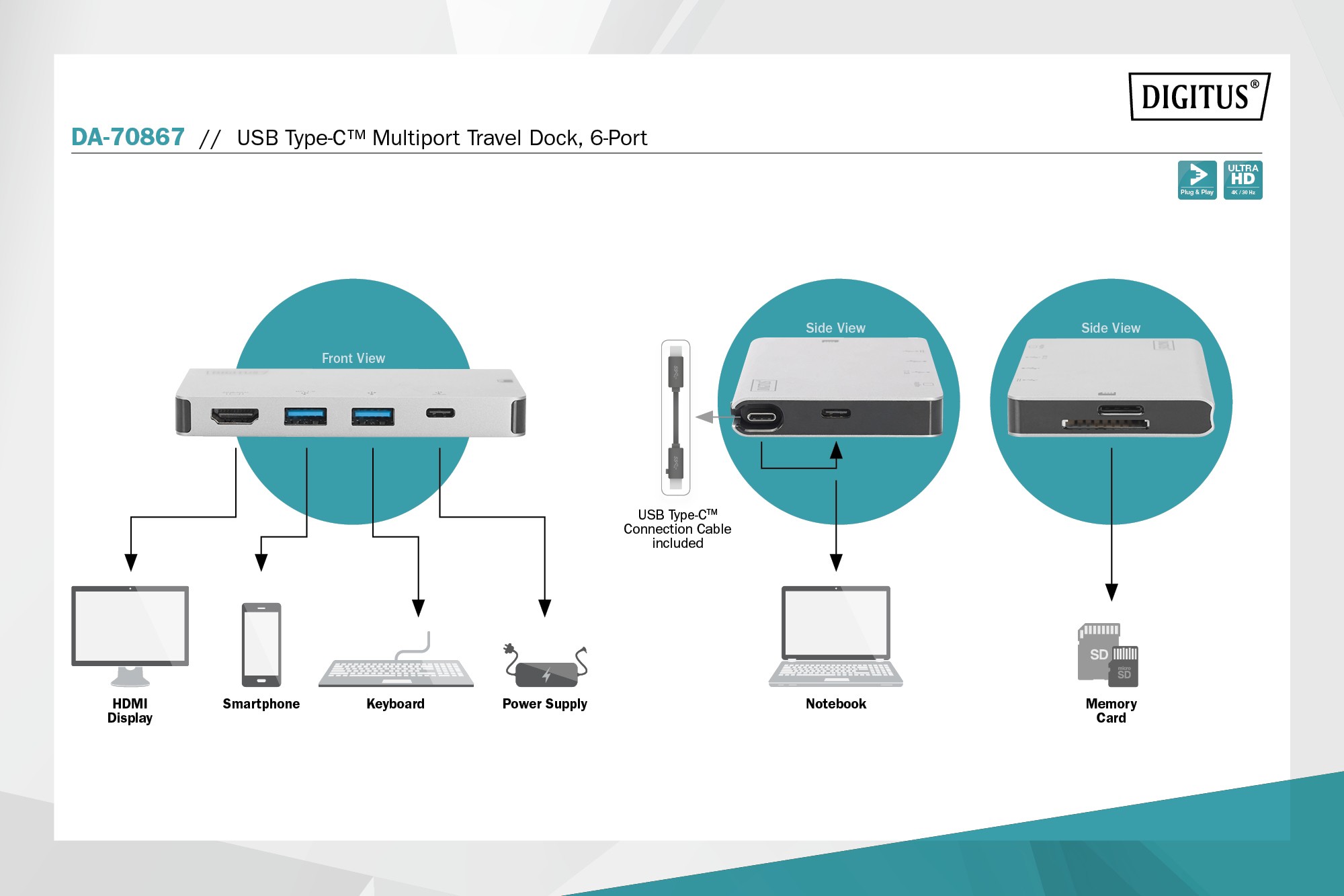 DA-70867  USB-C Multiport Travel Dock, 6 Port 4K, HDMI, 1x USB-C, 2x USB3.0,2x card reader **Ultimas Unidades****