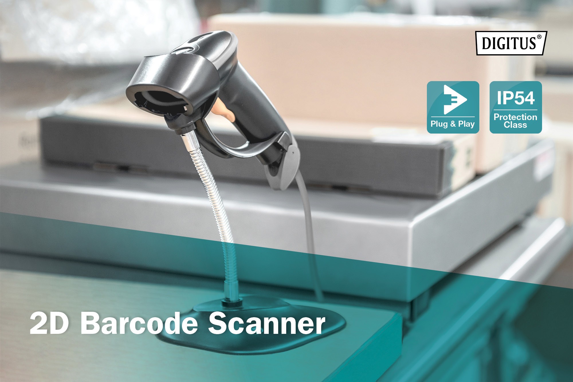 DA-81002  Escáner para códigos de barras 2D, bidireccional 200 exploraciones/seg., cable USB-RJ45 de 2 m, con soporte