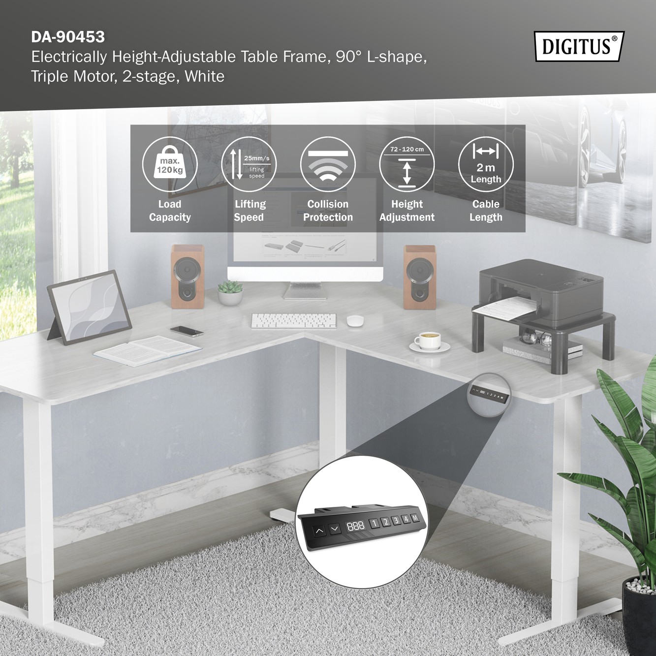 DA-90453  Bastidor de mesa regulable el&eacute;ctricamente en altura, en forma de L Altura 120 cm, m&aacute;x: 120 kg, blanco